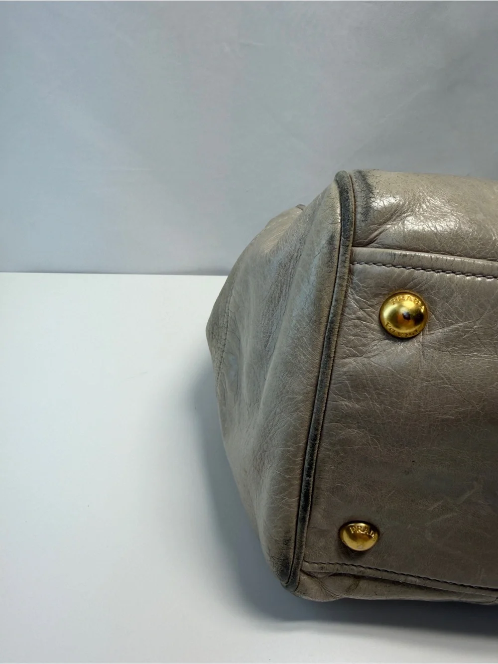 Prada Metallic Taupe Leather Satchel with Gold Hardware